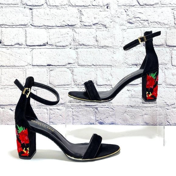 Kenneth Cole New York Shoes - KENNETH COLE - Block heel, ankle strap, approx. 3.25”, blk, floral, size 7.5M